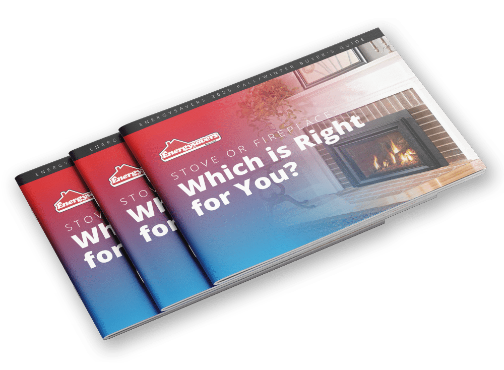 Energysavers 2025 Fall/Winter Buyer’s Guide booklet featuring the title ‘Stove or Fireplace: Which is Right for You?’ with a cover image of a wood stove and burning fire